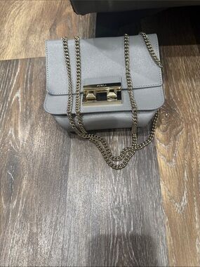 Furla Light Gray Leather Crossbody with Gold Chain